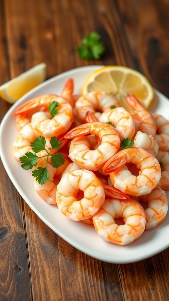 Easy Air Fryer Shrimp Recipe A serving of air fryer shrimp garnished with parsley and lemon on a rustic table.